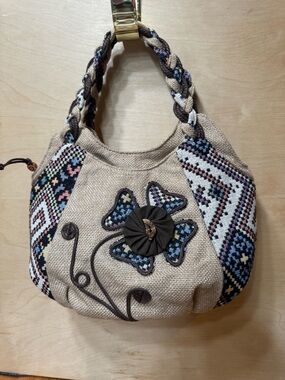 Boho Embroidered Floral Hobo Bag - Beige